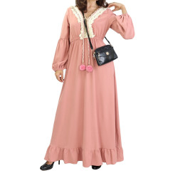 Robe brodée maxi-longue avec pompons et manche bouffantes pour femme - Couleur rose poudré