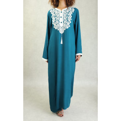 Robe longue style oriental arabe brodée pour femme - Couleur Bleu Pétrole