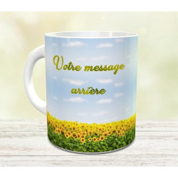 Tasse cadeau avec deux messages personnalisés - Mug champs de tournesol sur fond de...
