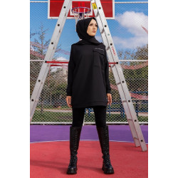 Tunique décontractée ample avec grande poche (Sweat femme Hijab) - Couleur noir