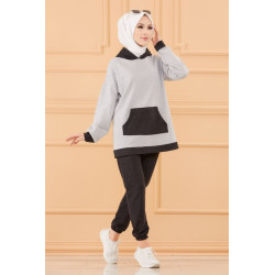 Ensemble survêtement décontracté (Vêtement sport femme voilée) - Couleur gris clair et...