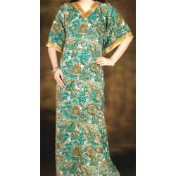 Oriental summer interior dress, white with floral and gold patterns, matching a shawl
