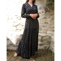 Robe très longue à volants pour femme - Couleur Noir avec motifs dorés