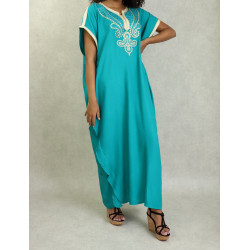 Short long sleeve oriental dress with beautiful embroidery for women - turquoise blue...