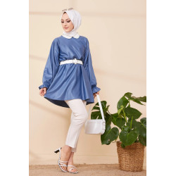 Tunique en skaï (simili cuir) pour femme (Vêtement hijab) - Couleur bleu indigo