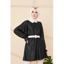 Tunique en skaï (simili cuir) pour femme (Vetement moderne pour hijab) - Couleur noir