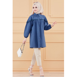 Tunique-Chemise ample avec dentelle pour femme (Vetement Hijab classique) - Couleur bleu