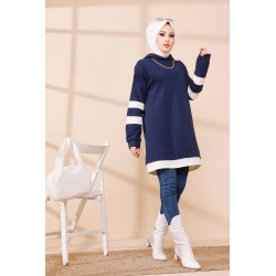 Tunique décontractée avec capuche (Sweat long pour femme voilée) - Couleur bleu marine...