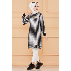 Tunique à rayures (Tenue moderne pour femme voilée) - Couleur bleu marine et blanc