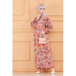 Robe longue et ample motif fleur pour femme (Tenue hijab) - Couleur rose