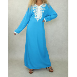 Robe orientale longue pour femme avec perles et broderies 100% coton - Couleur bleu...