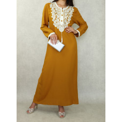 Robe orientale longue brodée pour femme - Couleur Jaune moutarde