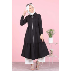 Veste zippée mi longue évasée (Vetement ample pour femme voilée) - Couleur noir