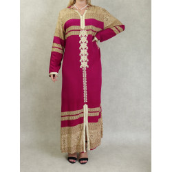 Robe longue style oriental à capuche avec broderie et strass pour femme - Couleur fuchsia