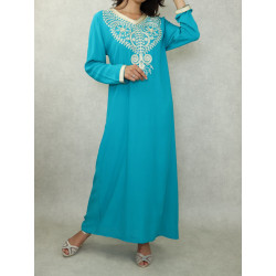 Long oriental dress with rhinestones and cotton embroidery for women - Duck blue color