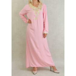 Robe longue orientale pour femme avec broderies et strass dorés - Couleur rose clair