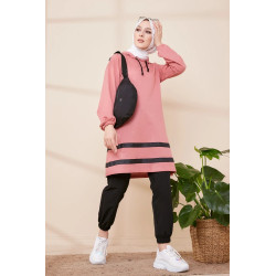 Tunique with black striped hood (Modern Clothing for veiled Woman) - Pink Color