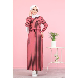 Robe maxi-longue à rayures noires mode décontracté ceinture intégrée - Couleur fuchsia