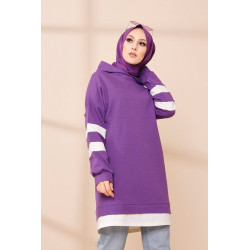 Tunique décontractée avec capuche (Vêtement hijab) - Couleur violet avec bandes blanches