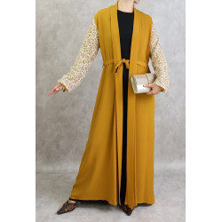 Kimono aux manches brodées - Couleur jaune moutarde