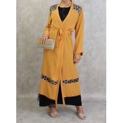 Kimono à strass et tulle de couleur jaune moutarde