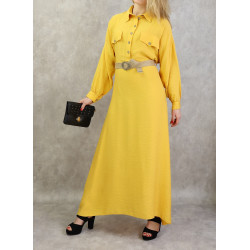 Long flared dress with braided belt - Yellow color