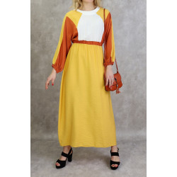 Tricolor casual dress in gold yellow, brick and white