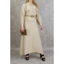 Long flared dress with braided belt - Beige color