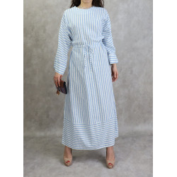 White and blue striped dress with drawstring