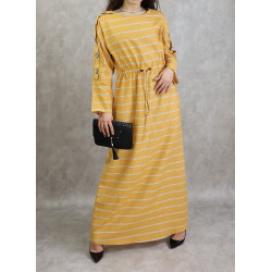 Robe longue en coton pour femme à rayures décorée de boutons - Couleur jaune