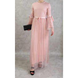 Robe de soirée longue en tulle à dentelle de couleur rose clair