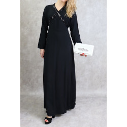 Long crossover dress with rhinestones in black