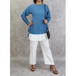 Ensemble deux pièces bicolore tunique et pantalon couleur Bleu acier et Blanc
