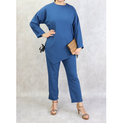 Ensemble femme 2 pièces (tunique et pantalon) avec nœuds sur les côtes - Couleur Bleu