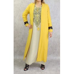 Long yellow kimono with black fringe decorations