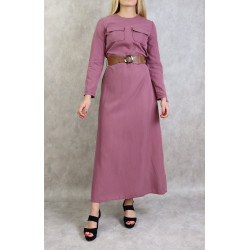 Robe longue évasée avec poches et ceinture marron - Couleur Mauve
