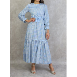 Long flared plaid dress - Color Sky Blue