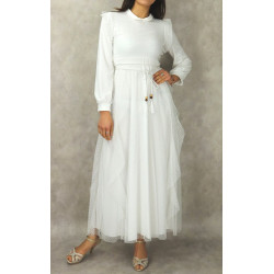 Long evening dress in formal tulle for women - White color