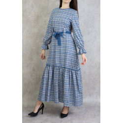 Robe longue à carreaux évasée - Couleur Bleu acier