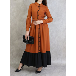 Robe longue évasée bicolore - Couleur rouille