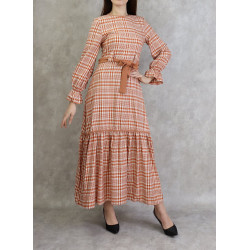 Long flared plaid dress - Rust color