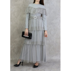 Robe de soirée en tulle chic à volants - Couleur Gris