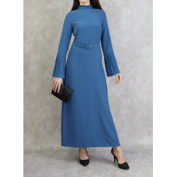 Classic and elegant dress with pleated sleeves - Color Steel blue