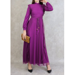 Long evening dress in formal tulle for women - Color Mauve