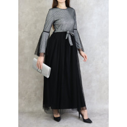 Robe de soirée longue élégante pailletée en tulle pour femme - Couleur argenté et noir