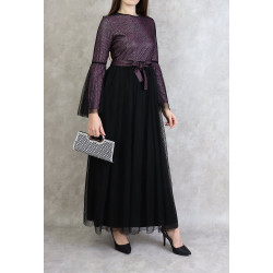 Robe de soirée longue élégante pailletée en tulle pour femme - Couleur violet et noir
