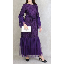 Robe de soirée longue pour femme en dentelle et tulle décorée - Couleur violet