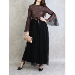 Long elegant sequined tulle evening dress for women - Copper and black color