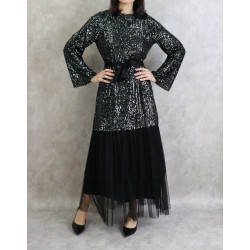 Ensemble soirée 2 pièces pour femme - Robe de fête à strass verts et tulle - Couleur noir