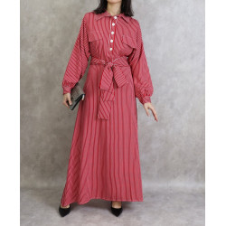 Red feminine long dress with white stripes